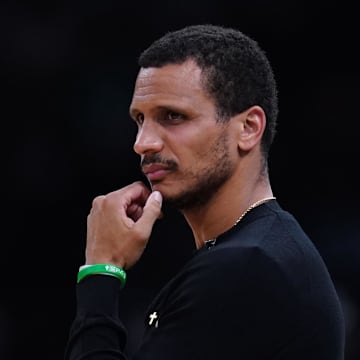 Apr 29, 2025; Boston, Massachusetts, USA; Boston Celtics head coach Joe Mazzulla watches from the sideline as they take on the Orlando Magic during game five of first round for the 2025 NBA Playoffs at TD Garden. Mandatory Credit: David Butler II-Imagn Images