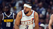 Oct 25, 2025; Denver, Colorado, USA; Phoenix Suns forward Dillon Brooks (3) reacts after making a shot during the first half against the Denver Nuggets at Ball Arena. Mandatory Credit: Christopher Hanewinckel-Imagn Images