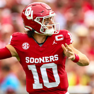 Oklahoma quarterback John Mateer drops back to pass.