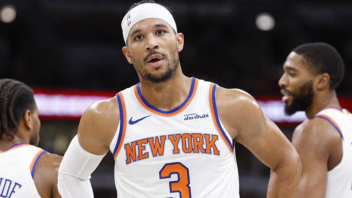Oct 31, 2025; Chicago, Illinois, USA; New York Knicks guard Josh Hart (3) reacts during the first half of an NBA game against the Chicago Bulls at United Center. Mandatory Credit: Kamil Krzaczynski-Imagn Images