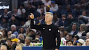 Oct 8, 2025; San Francisco, California, USA;  Golden State Warriors Head Coach Steve Kerr gestures during the first quarter against the Portland Trail Blazers at Chase Center. Mandatory Credit: John Hefti-Imagn Images