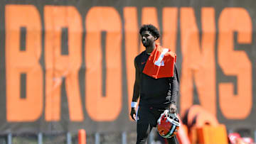 Cleveland Browns quarterback Shedeur Sanders (12) heads off the field after the first day of NFL rookie minicamp at the Cleveland Browns training facility on Friday, May 9, 2025, in Berea, Ohio.