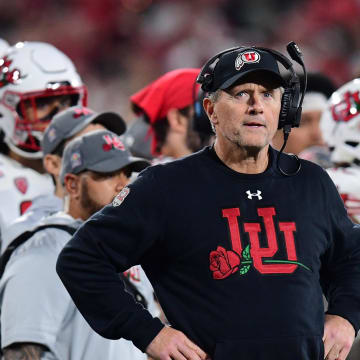 Jan 1, 2022; Pasadena, CA, USA; Utah Utes head coach Kyle Wittingham looks on in the fourth quarter against the Ohio State Buckeyes during the 2022 Rose Bowl college football game at the Rose Bowl. Mandatory Credit: Gary A. Vasquez-USA TODAY Sports