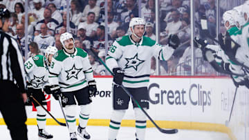 May 7, 2025; Winnipeg, Manitoba, CAN; Dallas Stars forward Mikko Rantanen (96) is congratulated by his team mates against the Winnipeg Jets during the second period in game one of the second round of the 2025 Stanley Cup Playoffs at Canada Life Centre. Mandatory Credit: Terrence Lee-Imagn Images