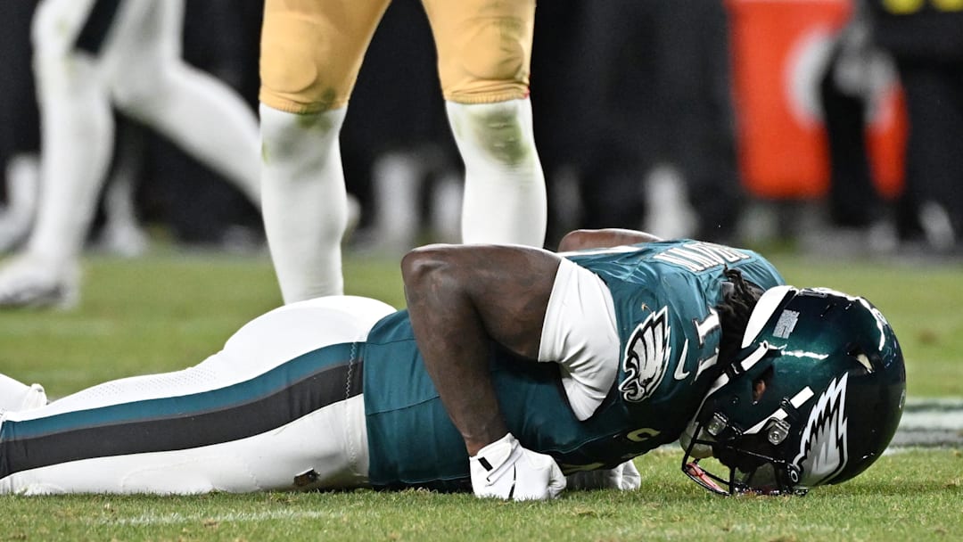 Jan 11, 2026; Philadelphia, PA, USA; Philadelphia Eagles wide receiver A.J. Brown (11) reacts after failing to make a catch against the San Francisco 49ers during the fourth quarter in an NFC Wild Card Round game at Lincoln Financial Field. Mandatory Credit: Eric Hartline-Imagn Images