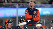 New York Islanders head coach Patrick Roy coaches against the New York Rangers during a Stadium Series game.