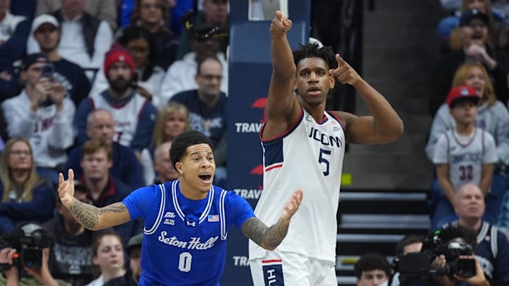 Feb 28, 2026; Storrs, Connecticut, USA; Seton Hall Pirates guard Adam Clark (0) reacts after a call as they take on the UConn Huskies in the first half at Harry A. Gampel Pavilion. Mandatory Credit: David Butler II-Imagn Images