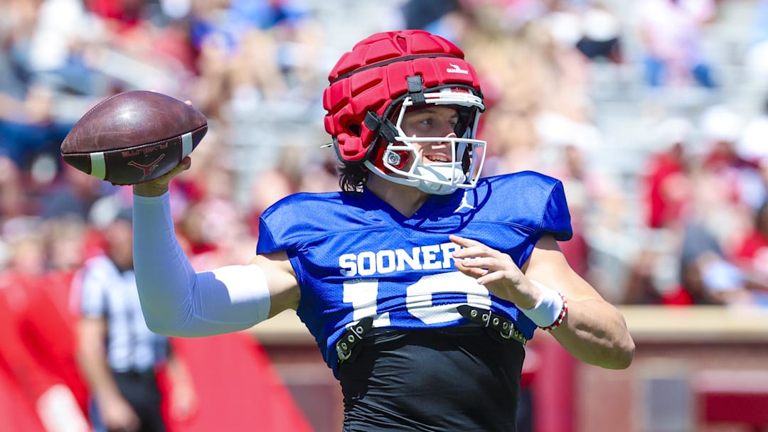 Apr 12, 2025; Norman, OK, USA;  Oklahoma Sooners quarterback John Mateer (10) throws during the Crimson Combine at Gaylord Family-Oklahoma Memorial Stadium. Mandatory Credit: Kevin Jairaj-Imagn Images