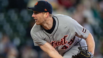 Detroit Tigers reliever John Brebbia (49) delivers a pitch against the Seattle Mariners at T-Mobile Park.