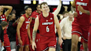 Jan 21, 2025; Dallas, Texas, USA; Louisville Cardinals guard Reyne Smith (6) reacts after a made three-point basket against the SMU Mustangs during the second half at Moody Coliseum. Mandatory Credit: Raymond Carlin III-Imagn Images