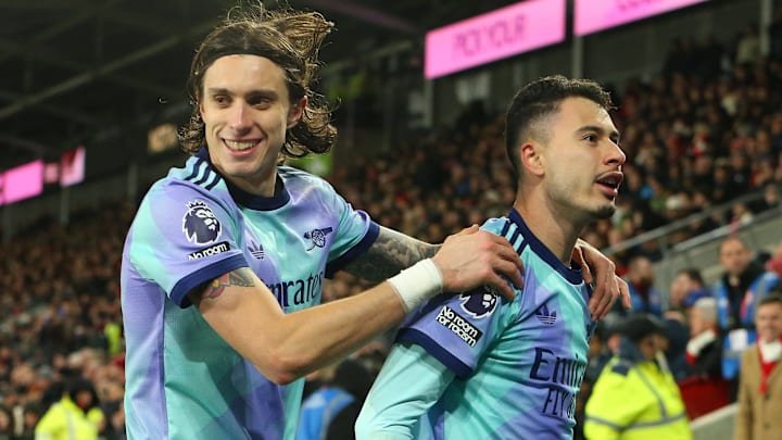 Riccardo Calafiori (left) and Gabriel Martinelli (right) celebrate Arsenal's third goal of the evening. Riccardo Calafiori (left) and Gabriel Martinelli (right) celebrate Arsenal's third goal of the evening.