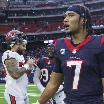 Nov 5, 2023; Houston, Texas, USA; Houston Texans quarterback C.J. Stroud (7) walks on the field after the game against the Tampa Bay Buccaneers at NRG Stadium. Mandatory Credit: Troy Taormina-USA TODAY Sports