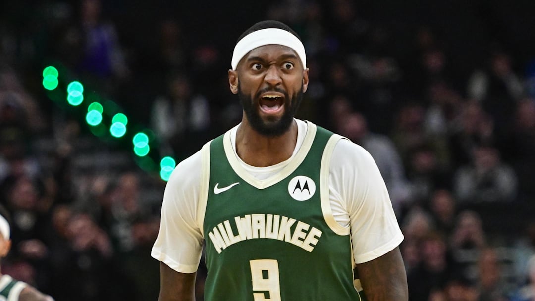 Milwaukee Bucks forward Bobby Portis (9) reacts after scoring a basket in the third quarter against the Boston Celtics at Fiserv Forum in Milwaukee, Wisconsin, on December 11, 2025.