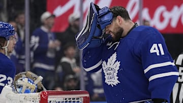 May 5, 2025; Toronto, Ontario, CAN; Toronto Maple Leafs goaltender Anthony Stolarz (41) grimaces after a collission with Florida Panthers forward Sam Bennett (not pictured) during the second period of the second round of the 2025 Stanley Cup Playoffs at Scotiabank Arena. Mandatory Credit: John E. Sokolowski-Imagn Images