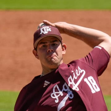 May 21, 2025; Hoover, AL, USA; Texas A&M pitcher Ryan Prager (18) pitches during the game with Mississippi State in the first round of the SEC Baseball Tournament at the Hoover Met.