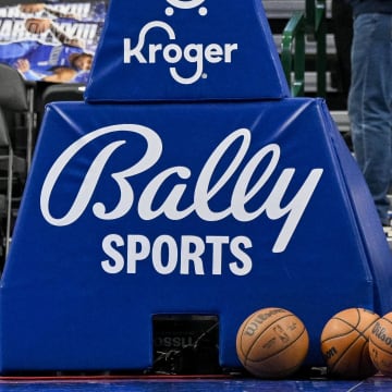 A view of the Ballys Sports network logo and basketballs before the game between the Dallas Mavericks and the Portland Trail Blazers at the American Airlines Center in Dallas on Jan. 5, 2024.