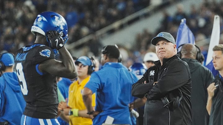 Kentucky head coach Mark Stoops reacts as the Wildcats turnover the ball during the Wildcats' 20-13 loss to visiting Vanderbilt Saturday, Oct. 12, 2024 in Lexington, Ky.