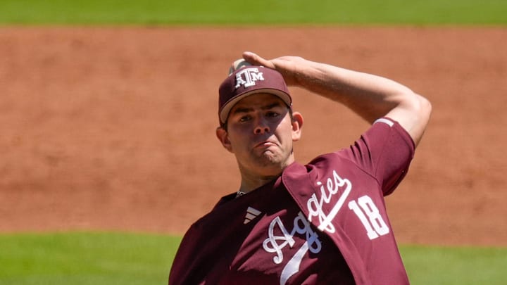May 21, 2025; Hoover, AL, USA; Texas A&M pitcher Ryan Prager (18) pitches during the game with Mississippi State in the first round of the SEC Baseball Tournament at the Hoover Met. May 21, 2025; Hoover, AL, USA; Texas A&M pitcher Ryan Prager (18) pitches during the game with Mississippi State in the first round of the SEC Baseball Tournament at the Hoover Met.