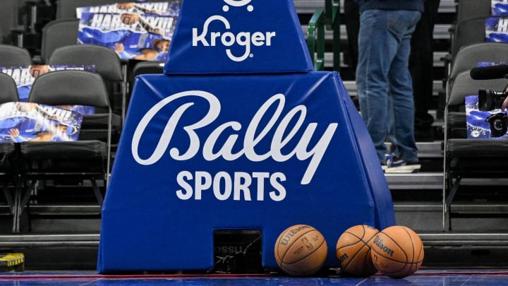 A view of the Ballys Sports network logo and basketballs before the game between the Dallas Mavericks and the Portland Trail Blazers at the American Airlines Center in Dallas on Jan. 5, 2024.