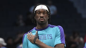 Mar 25, 2025; Charlotte, North Carolina, USA;  Charlotte Hornets center Mark Williams (5) warms up before the game against the Orlando Magic at the Spectrum Center. Mandatory Credit: Sam Sharpe-Imagn Images