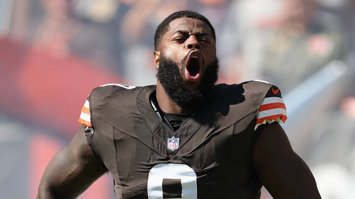 Cleveland Browns defensive end Jared Verse (8) runs onto the field