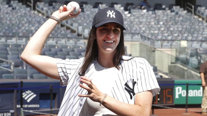 Caitlin Clark attends a game between the New York Yankees and the Texas Rangers at Yankee Stadium on August 10, 2024 in New York City. The Yankees defeated the Rangers 8-0. 