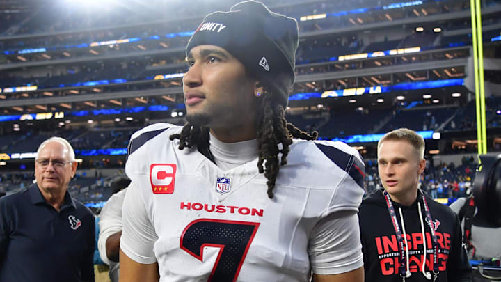 Dec 27, 2025; Inglewood, California, USA;  Houston Texans quarterback C.J. Stroud (7) leaves the field following a game against the Los Angeles Chargers at SoFi Stadium. Mandatory Credit: Gary A. Vasquez-Imagn Images