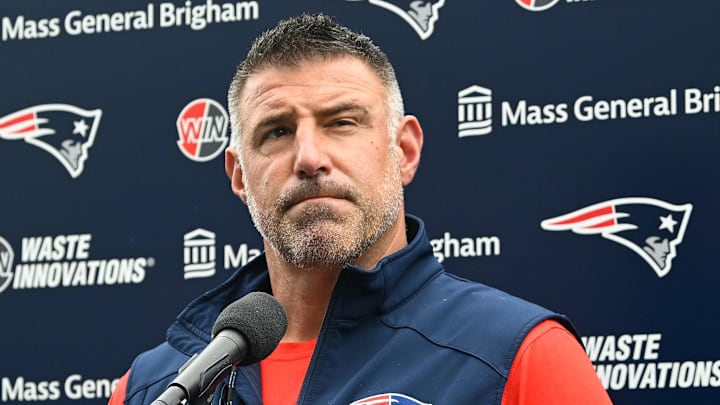Jun 9, 2025; Foxborough, MA, USA; New England Patriots head coach Mike Vrabel holds a press conference before minicamp at Gillette Stadium. Mandatory Credit: Eric Canha-Imagn Images
