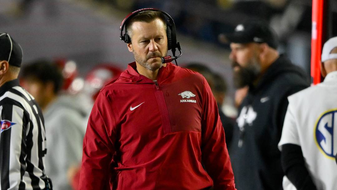 Oct 17, 2026; Nashville, Tennessee, USA;  Arkansas Razorbacks head coach Ryan Silverfield paces the sidelines against the Vanderbilt Commodores during the first half at FirstBank Stadium.  Mandatory Credit: Steve Roberts-Imagn Images