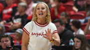 Arkansas women's basketball coach Kelsi Musick directs her team against Texas Tech in a non-conference women's basketball game Sunday, Nov. 16, 2025, at United Supermarkets Arena.