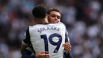 Dominic Solanke and Brennan Johnson - two of Spurs goalscorers this afternoon - embracing each other 
