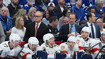 May 7, 2025; Toronto, Ontario, CAN; Florida Panthers head coach Paul Maurice watches the play against the Toronto Maple Leafs during the third period in game two of the second round of the 2025 Stanley Cup Playoffs at Scotiabank Arena. Mandatory Credit: Nick Turchiaro-Imagn Images