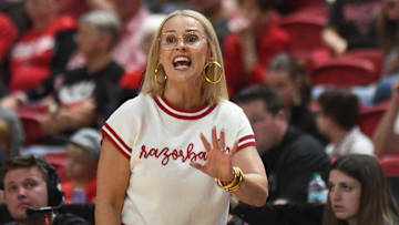 Arkansas women's basketball coach Kelsi Musick directs her team against Texas Tech in a non-conference women's basketball game Sunday, Nov. 16, 2025, at United Supermarkets Arena.