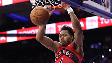 Toronto Raptors forward Scottie Barnes dunks the ball against the Philadelphia 76ers.