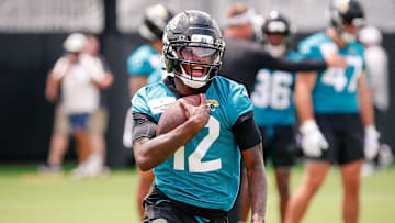 May 10, 2025; Jacksonville, FL, USA; Jacksonville Jaguars wide receiver Travis Hunter (12) runs after completing a passing drill during rookie minicamp  at Miller Electric Center. Mandatory Credit: Travis Register-Imagn Images