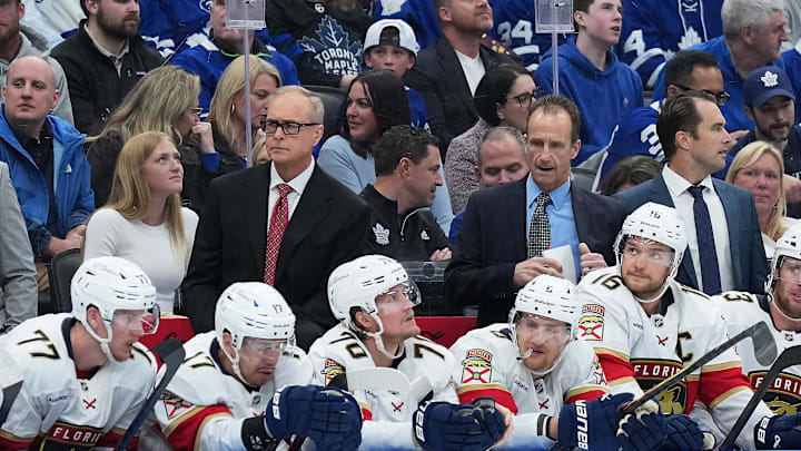 May 7, 2025; Toronto, Ontario, CAN; Florida Panthers head coach Paul Maurice watches the play against the Toronto Maple Leafs during the third period in game two of the second round of the 2025 Stanley Cup Playoffs at Scotiabank Arena. Mandatory Credit: Nick Turchiaro-Imagn Images