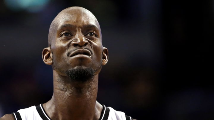 Oct 29, 2014; Boston, MA, USA; Brooklyn Nets center Kevin Garnett (2) reacts to being called for a technical foul against the Boston Celtics during the fourth quarter of Boston's 121-105 win at TD Garden. Mandatory Credit: Winslow Townson-USA TODAY Sports