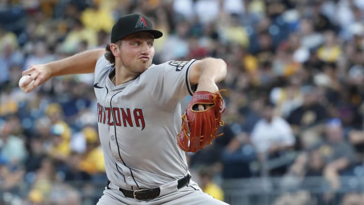 Aug 2, 2024; Pittsburgh, Pennsylvania, USA; Arizona Diamondbacks starting pitcher Brandon Pfaadt (32) delivers a pitch  against the Pittsburgh Pirates during the first inning at PNC Park. Mandatory Credit: Charles LeClaire-USA TODAY Sports