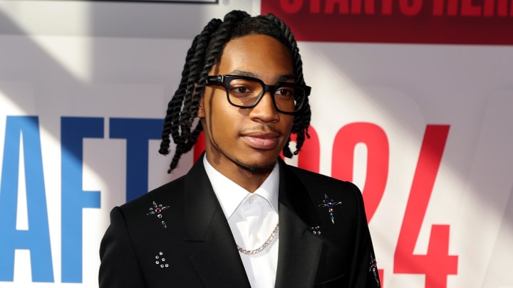 Jun 26, 2024; Brooklyn, NY, USA; Rob Dillingham arrives before the first round of the 2024 NBA Draft at Barclays Center. Mandatory Credit: Brad Penner-USA TODAY Sports