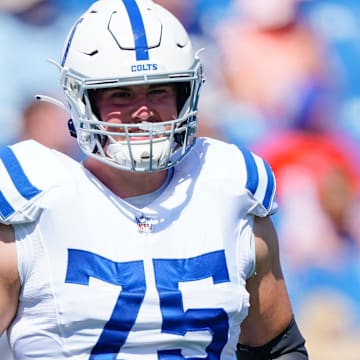 Aug 13, 2022; Orchard Park, New York, USA; Indianapolis Colts guard Will Fries (75) prior to the game against the Buffalo Bills at Highmark Stadium