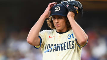 Jun 22, 2024; Los Angeles, California, USA; Los Angeles Dodgers pitcher Tyler Glasnow (31) on the mound against the Los Angeles Angels during the second inning at Dodger Stadium. Mandatory Credit: Jonathan Hui-USA TODAY Sports