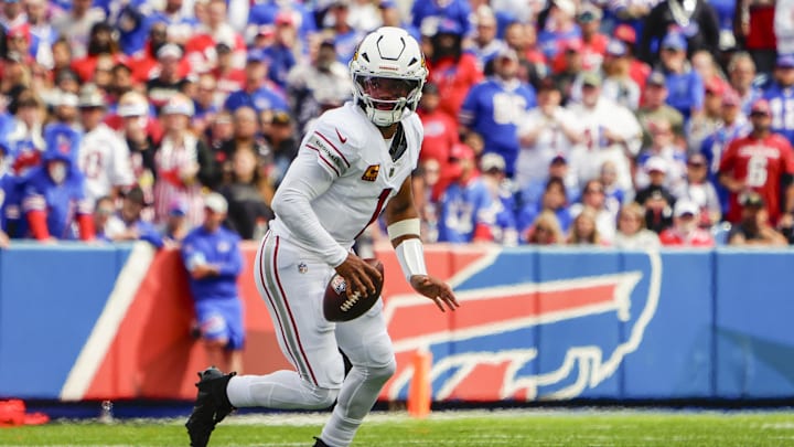 Sep 8, 2024; Orchard Park, New York, USA; Arizona Cardinals quarterback Kyler Murray (1) rolls out looking to throw the ball against the Buffalo Bills during the first half at Highmark Stadium. Mandatory Credit: Gregory Fisher-Imagn Images