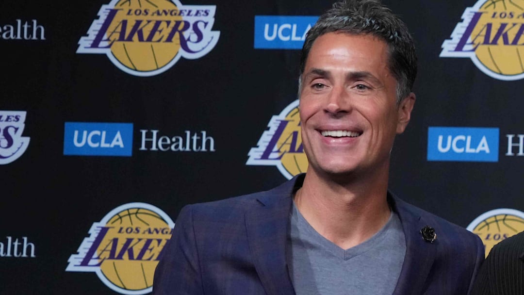 Los Angeles Lakers general manager Rob Pelinka at a press conference at crypto.com Arena.