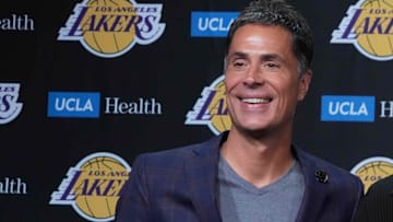 Los Angeles Lakers general manager Rob Pelinka at a press conference at crypto.com Arena.