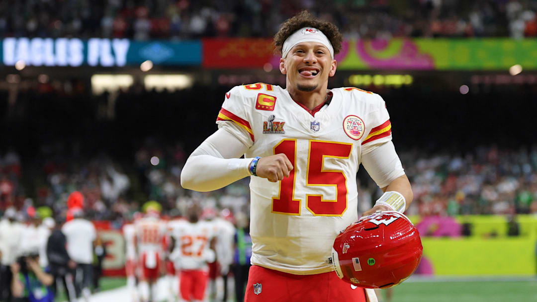 Feb 9, 2025; New Orleans, LA, USA; Kansas City Chiefs quarterback Patrick Mahomes (15) warms up before Super Bowl LIX between the Philadelphia Eagles and the Kansas City Chiefs at Caesars Superdome. Mandatory Credit: Geoff Burke-Imagn Images