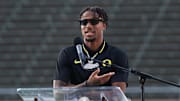 Oregon player Tez Johnson shares stories about teammate Khyree Jackson during a vigil at Autzen Stadium Wednesday, July 10, 2024.