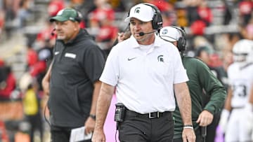 Sep 7, 2024; College Park, Maryland, USA;  Michigan State Spartans head coach Jonathan Smith walks the sidelines during the first half against the Maryland Terrapins at SECU Stadium. Mandatory Credit: Tommy Gilligan-Imagn Images