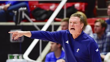 Feb 15, 2025; Salt Lake City, Utah, USA; Kansas Jayhawks head coach Bill Self calls a play against the Utah Utes during the second half at the Jon M. Huntsman Center. Mandatory Credit: Christopher Creveling-Imagn Images