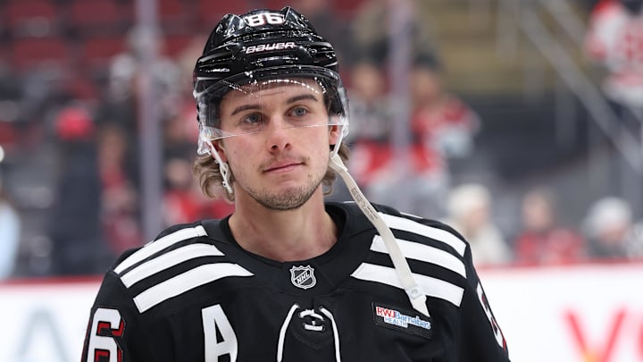 Jan 17, 2026; Newark, New Jersey, USA; New Jersey Devils center Jack Hughes (86) exits the ice after warm-ups against the Carolina Hurricanes at Prudential Center. Mandatory Credit: Thomas Salus-Imagn Images