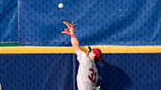 May 20, 2025; Hoover, AL, USA; South Carolina centerfielder Nathan Hall (31) leaps but cannot catch a home run by Florida shortstop Bobby Boser (6) in the first round of the SEC Baseball Tournament at the Hoover Met.
